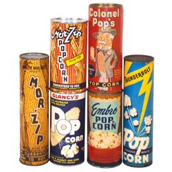 Popcorn tins (6), Colonel Pops (full), Thunderbolt (full), Mor-Zip (full), Embro (full) & Glancy's (