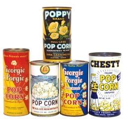 Popcorn tins (5), Georgie Porgie (full) & Dynamite w/paper labels; Poppy (full), Georgie Porgie & Ch