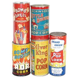 Popcorn tins (5), Bomb Shell (full), Grand Union (full), Bomb-Buster (full) & Silver King w/paper la