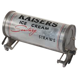 Straw holder, Kaisers Ice Cream, round metal horizontal holder w/clear glass insert on one end, mfgd