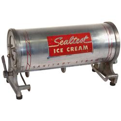 Straw holder, Sealtest Ice Cream, round metal horizontal holder w/clear glass inserts on both ends, 