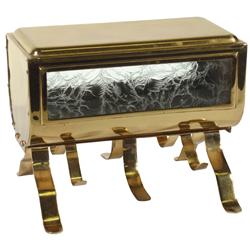 Straw holder, Monarch, footed brass horizontal w/etched glass inserts, straws dispense from both sid