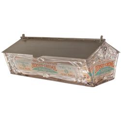Straw holder, Jersey-Creme, Rare pressed glass horizontal straw holder w/adv on all sides, hinged me
