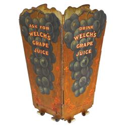 Straw holder for Welch's Grape Juice, litho on flared diecut metal w/adv on all sides, a Rare early 