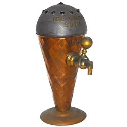 Ice Cream Soda lighted 10 Cent display cone w/spigot, formed copper cone w/jeweled dome, embossed me
