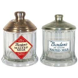 Malted milk containers (2), both Borden's heavy ribbed glass containers w/replacement paper labels &