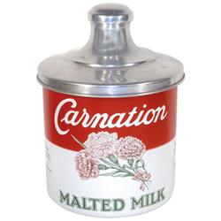 Carnation Malted Milk porcelain container w/metal lid, VG cond w/3 bottom chips, 9"H.