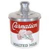 Image 1 : Carnation Malted Milk porcelain container w/metal lid, VG cond w/3 bottom chips, 9"H.