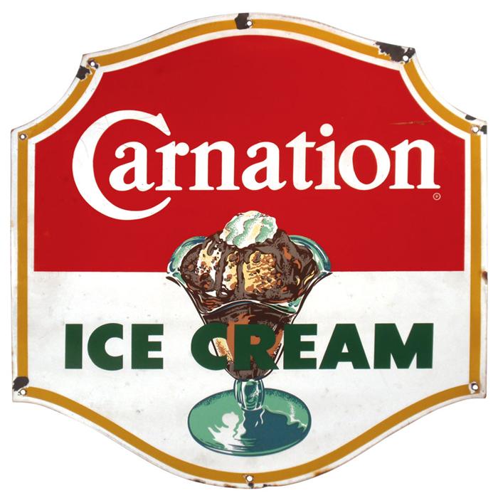 Carnation Ice Cream porcelain sign, paint chips around mounting holes