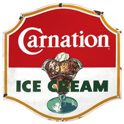 Carnation Ice Cream porcelain sign, paint chips around mounting holes, o/wise VG cond, 23"H x 22"W.