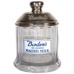 Borden's Malted Milk container, heavy ribbed glass w/Vitrolite label & embossed metal "Borden's" lid
