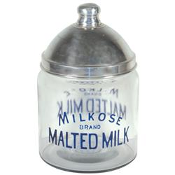 Milkose Malted Milk container, heavy clear glass canister w/enameled adv & domed metal lid, Exc cond