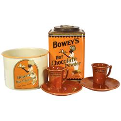 Bowey's Hot Chocolate items (6), 10# Bowey's Hot Chocolate powder tin w/lid & handle, Bowey's Hot Ch