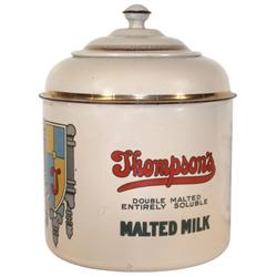 Thompson's Malted Milk porcelain container w/hinged lid, few surface chips, o/wise Exc cond, 9.5"H.