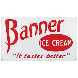 Banner Ice Cream porcelain sign,  Exc cond w/small edge chips, 14"H x 24"W.