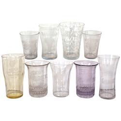 Soda fountain advertising glasses (9), 2 embossed Moxie,  etched Royal Purple grape juice, Welch's, 