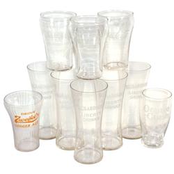 Soda fountain advertising glasses (10), etched Orange Crush, 3 etched Coca Cola, 1 brown-etched Zwei