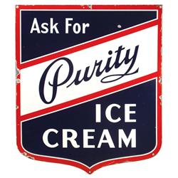 Purity Ice Cream porcelain sign, 1/2" spot on face & small edge chips, o/wise VG cond, 27"H x 24"W.