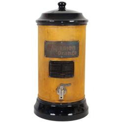 Syrup dispenser, Mission Orange, large painted metal cooler w/spigot & crockery insert, VG cond, 26"