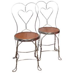 Ice cream heart-shaped metal chairs w/wood seats, nice set of 4,  Exc cond, each chair is 35"H.