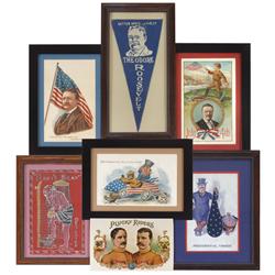 Political Theodore Roosevelt postcards, pennant & fabric (7), a colorful grouping, all early 1900's 