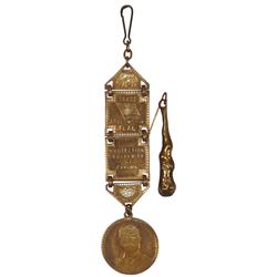Political watch fob & stickpin, Theodore Roosevelt, Rare brass GOP Trade Follows The Flag Protection