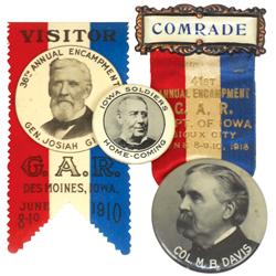 G.A.R. badges (2) & button, 1910 celluloid Visitor badge from 36th Annual G.A.R. Encampment-Des Moin