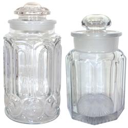 Candy display jars w/ground lids, early 1900's, nice heavy glass jars in Exc cond, 9.75"-11.25"H.