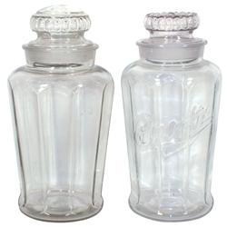 Candy display jars (2), embossed Bunte w/glass lid, VG cond w/small rim chip & unmarked jar w/glass 