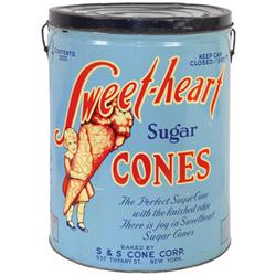Sweet-heart Sugar Cones tin w/orig lid, mfgd by S&S Cone Corp.-New York, colorful litho w/cute graph