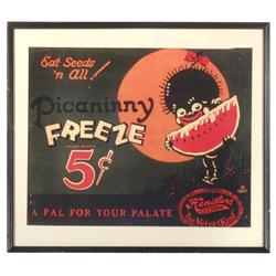 Hendlers Ice Cream Picaninny Freeze paper sign, Exc cond in frame, 13.5"H x 15.5"W.