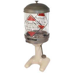 Borden's Malted Milk dispenser, mfgd by Brunhoff Mfg. Co., Cincinnati, Ohio, tan porcelain base w/un