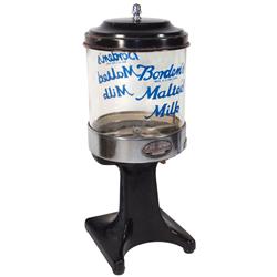 Borden's Malted Milk dispenser, mfgd by Hamilton Beach, black porcelain base w/Borden's adv glass cy