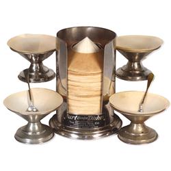 Ice cream items (7), One Vortex (Burt) paper liner dispenser w/new old stock, 4 sundae dishes & 2 sp