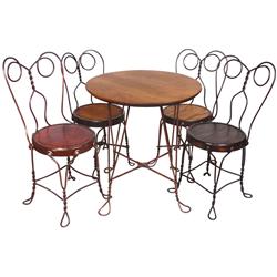 Child's ice cream table & 4 chairs, table has wood top w/twisted wire legs, 2 chairs have replaced w