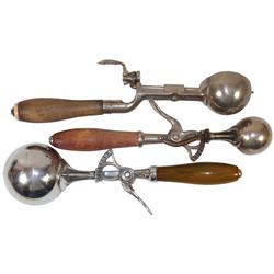 Ice cream scoops (3), Gem Spoon Co. round bowl size 30, Belknap Blue Grass #4 round bowl size 20 & N