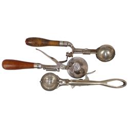 Ice cream scoops (3), Indestructo #5 conical bowl size 10, Kingery Mfg Co "Victor" w/double scrapers