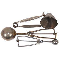 Ice cream scoops (3), Kingery disher w/squeeze handle & conical bowl size 6, c.1894, Gilchrist #30 s