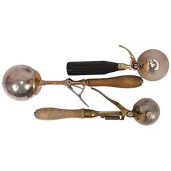 Ice cream scoops (3), Indestructo conical bowl size 10 w/Bakelite handle, Indestructo #3 round bowl 