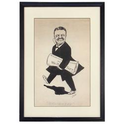 Political paper, original early 1900's pen & ink drawing titled "Delighted" by Stokes, prof matted &