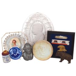 Political items (8), all Theodore Roosevelt, cast iron bear bank embossed "Teddy", Roosevelt pewter 