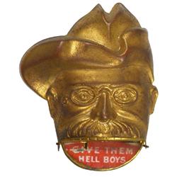 Political pin, Teddy Roosevelt brass face pin w/articulated jaw, when open reads "Give Them Hell Boy