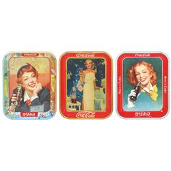 Coca-Cola trays (3), 1938 Madge Evans (Good w/stain & scratches), 1950 Redhead (Exc) & 1953 Menu Gir