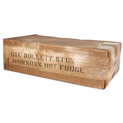 Johnston Hot Fudge lighted reverse on glass bullet-style advertising sign in orig mailing box, c.193