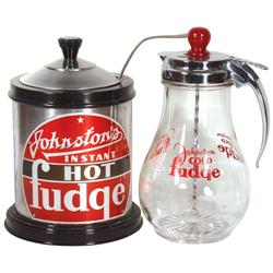 Fudge syrup containers (2): Johnston Cold fudge w/metal plunger-type stirrer attached to lid, Johnst