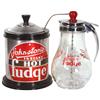 Image 1 : Fudge syrup containers (2): Johnston Cold fudge w/metal plunger-type stirrer attached to lid, Johnst