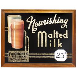 Fairmont's Malted Milk sign, reverse paint & foil on glass in wood frame, Exc cond, 16"H x 19"W.