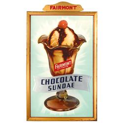 Fairmont Ice Cream Chocolate Sundae sign w/orig frame & new cdbd back, VG to Exc cond w/some wear on
