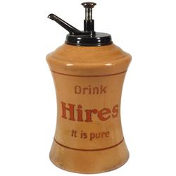 Syrup dispenser, Hires hourglass, orig pump w/plunger cap insert, "Drink Hires It is Pure" adv on fr