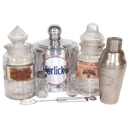 Horlick's Malted Milk items (7), metal canister w/embossed & painted adv, embossed jar w/replacement